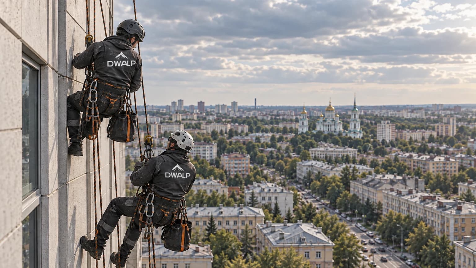Два промышленных альпиниста готовятся к работе на фасаде над городом