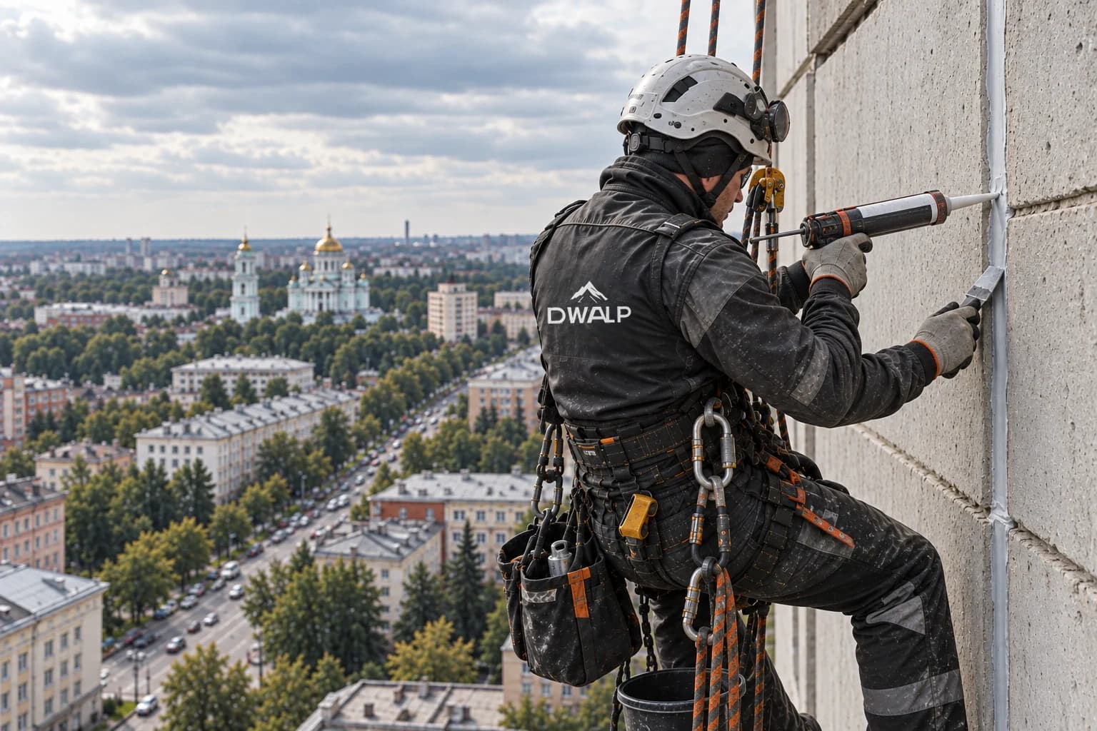 Специалист наносит герметик на межпанельный шов фасада