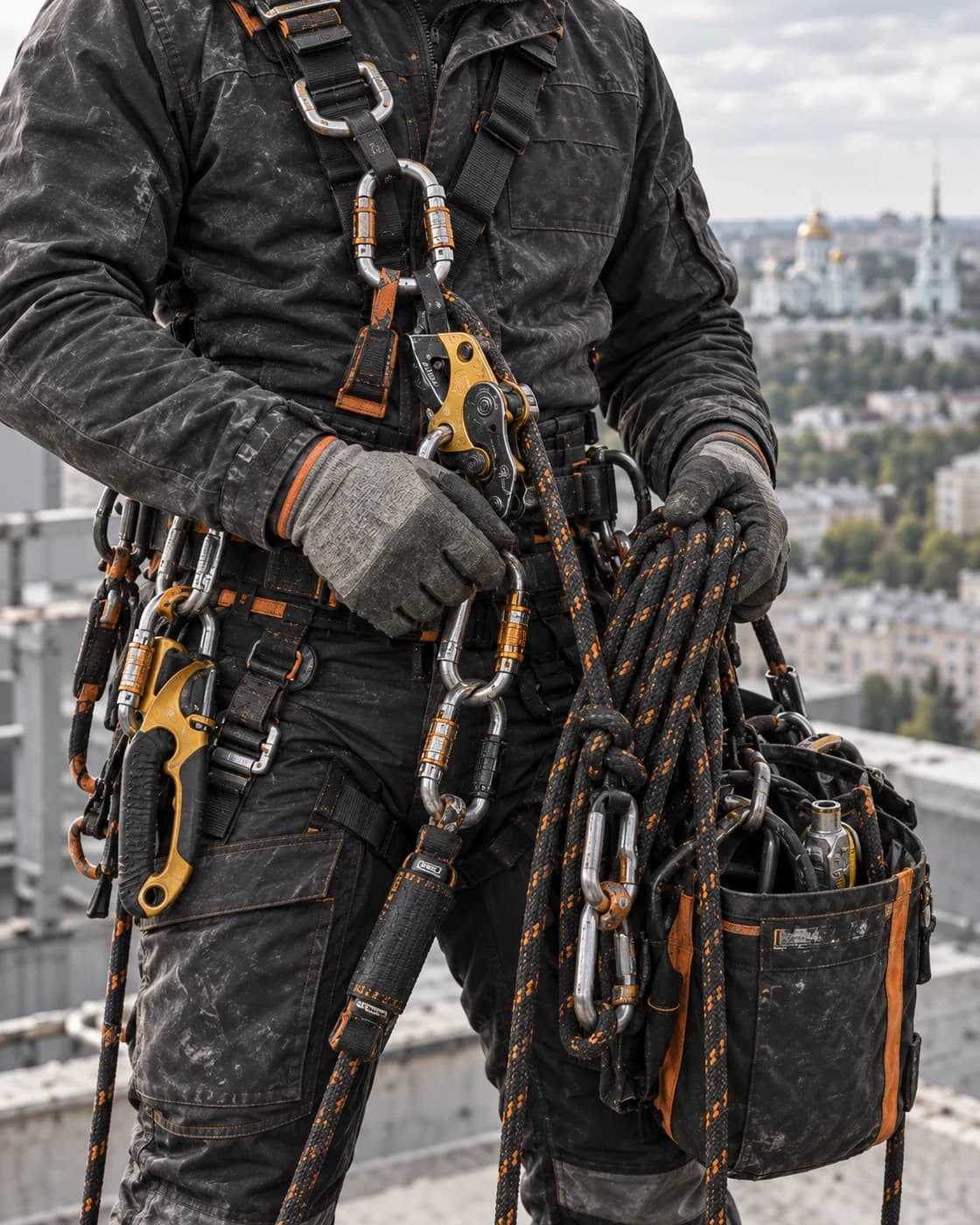Комплект профессионального rope-access оборудования команды перед работой